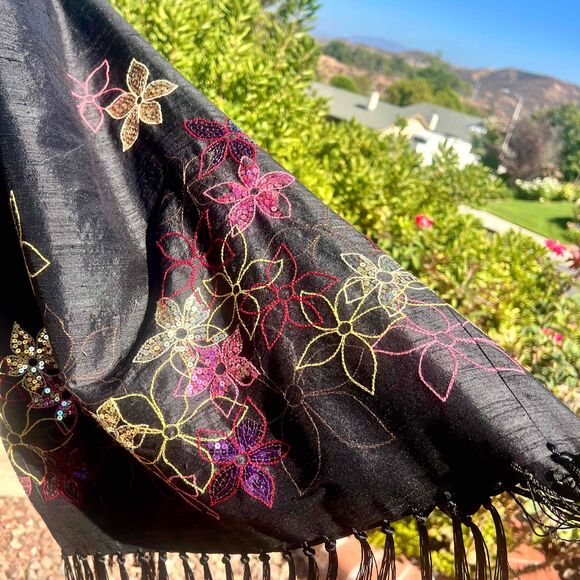 Muse Vintage Silk Fringe Midi Skirt Floral Sequin Embroidery Black Size 4 Small - Picture 5 of 5